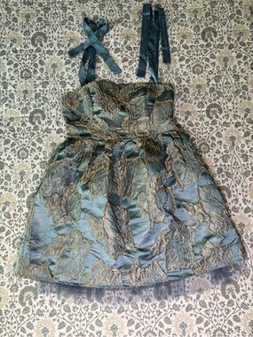 En Creme Teal and Gold Brocade Mini Dress